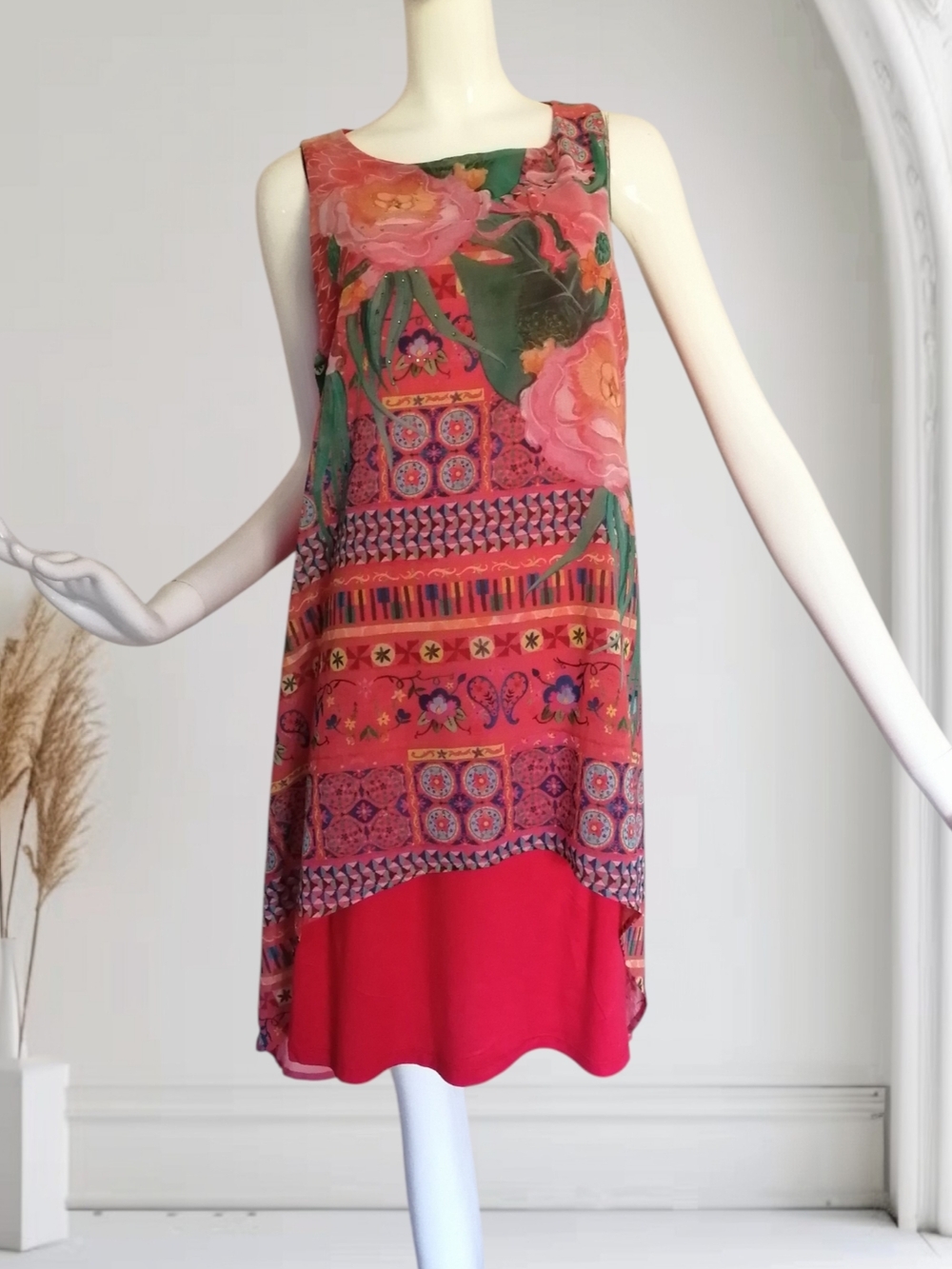 Desigual Floral Patchwork High-Low Dress/ Tunic in Red and Green